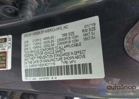 2019 Honda Cr-V Ex z USA, uszkodzony, nr VIN 5J6RW1H52KA011116